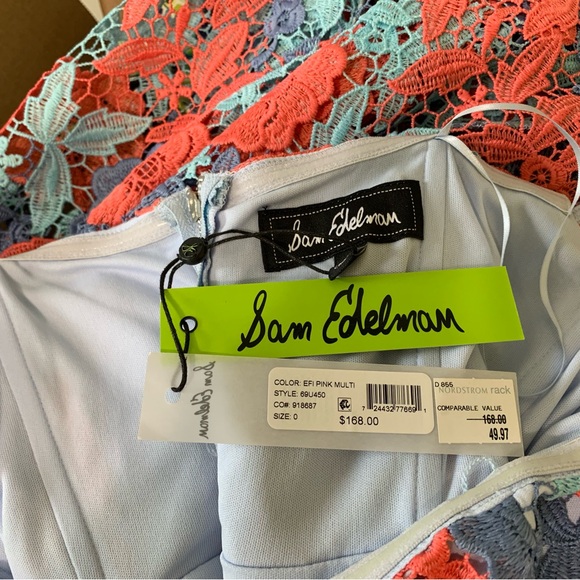 Sam Edelman Lace Dress Size 0 Pink Blue Lined Off On Shoulder Midi Pencil - Picture 9 of 9